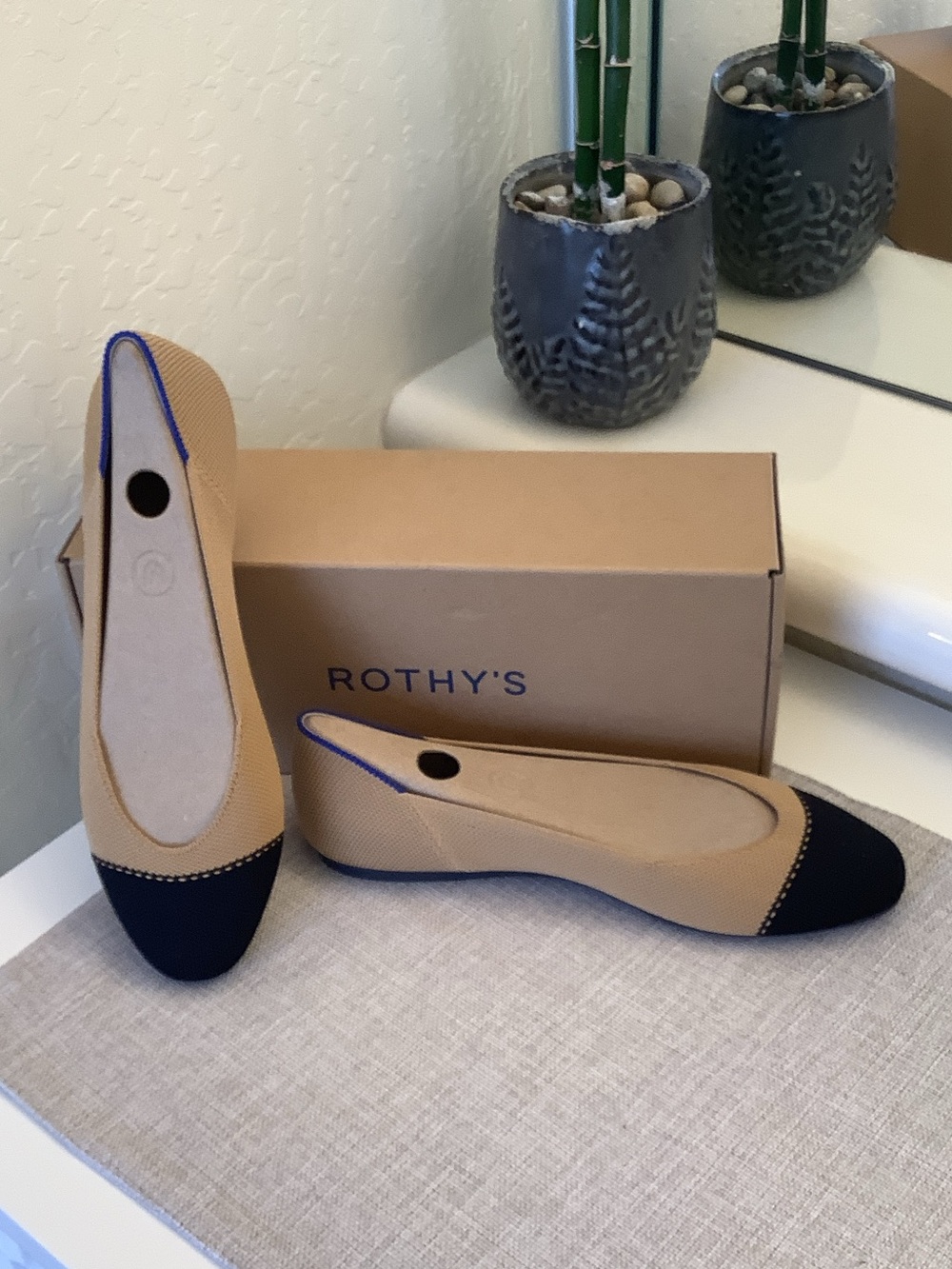 Rothy's Two-Tone Tan and Black Cap-Toe Ballet Flats, size 8
